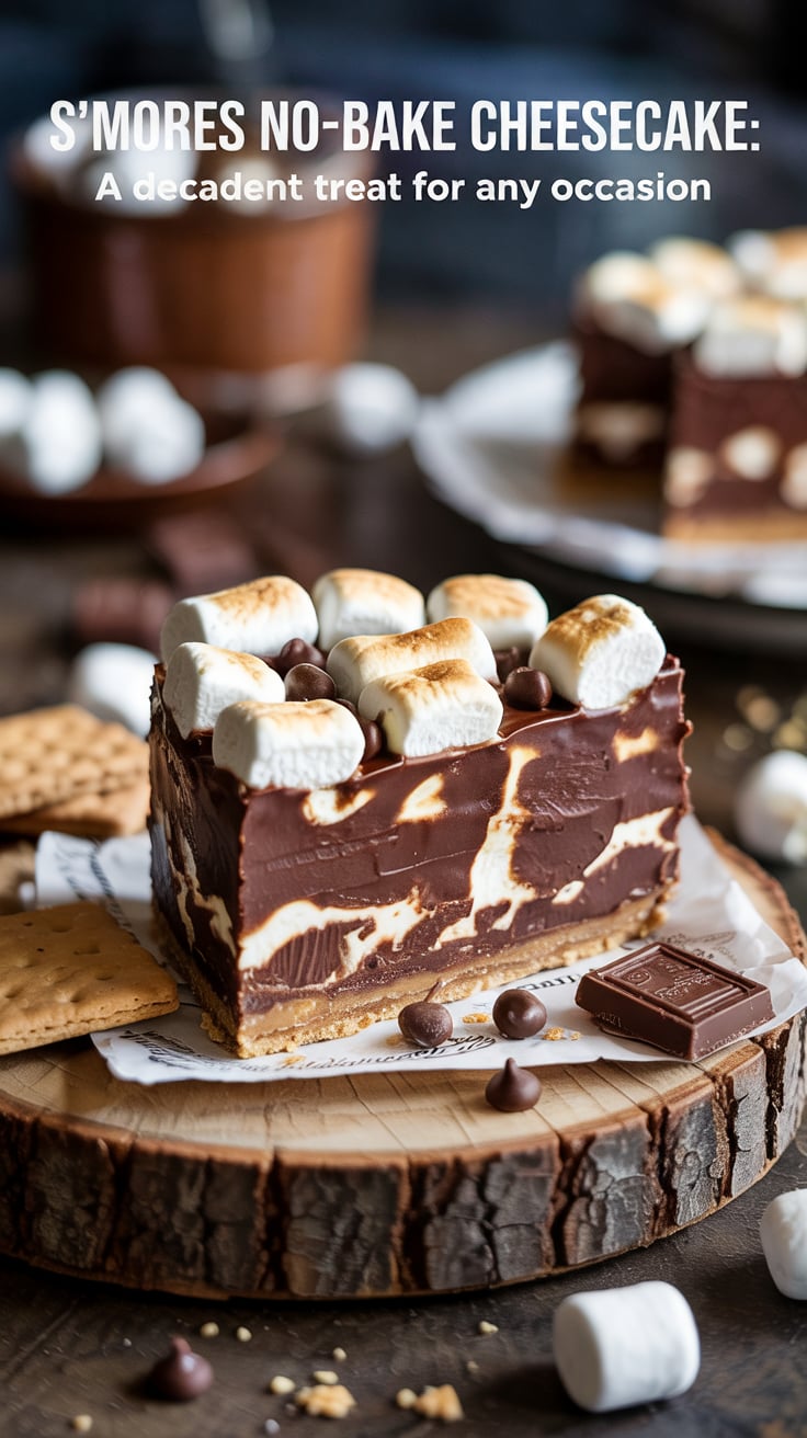 Indulge in the ultimate dessert experience with a S'mores No-Bake Cheesecake that perfectly combines rich chocolate, creamy vanilla, and crunchy graham cracker goodness. This sumptuous treat brings the classic campfire favorite right to your table without any hassle.