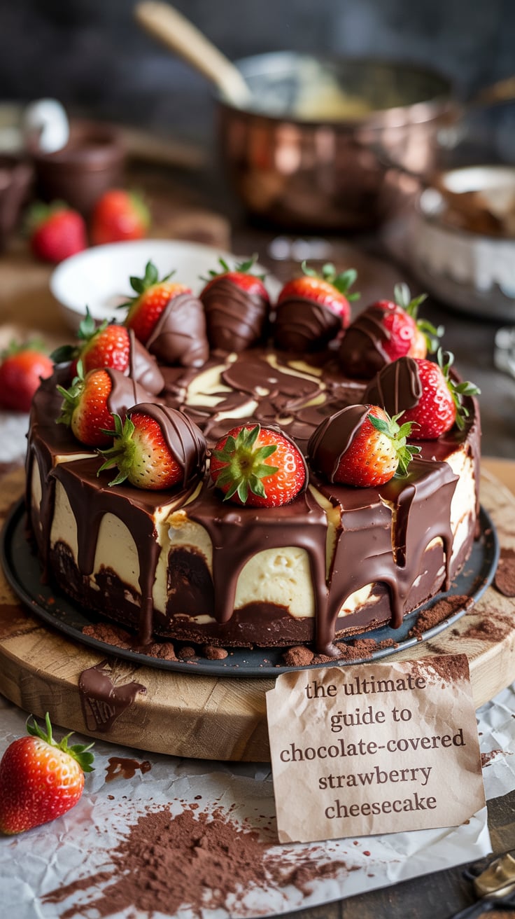Indulge in the decadent experience of Chocolate-Covered Strawberry Cheesecake, a dessert that beautifully combines luscious cheesecake, fresh strawberries, and rich chocolate. Each slice is a celebration of flavors that will make your taste buds dance with delight.