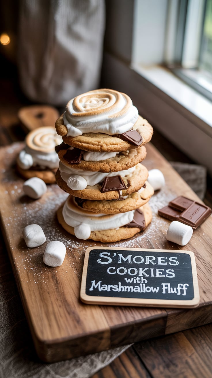 Experience the beloved flavors of campfire s'mores in a convenient cookie form. These S'mores Cookies with Marshmallow Fluff perfectly combine gooey marshmallows, rich chocolate, and crunchy graham crackers, delivering a delightful treat that’s sure to please.