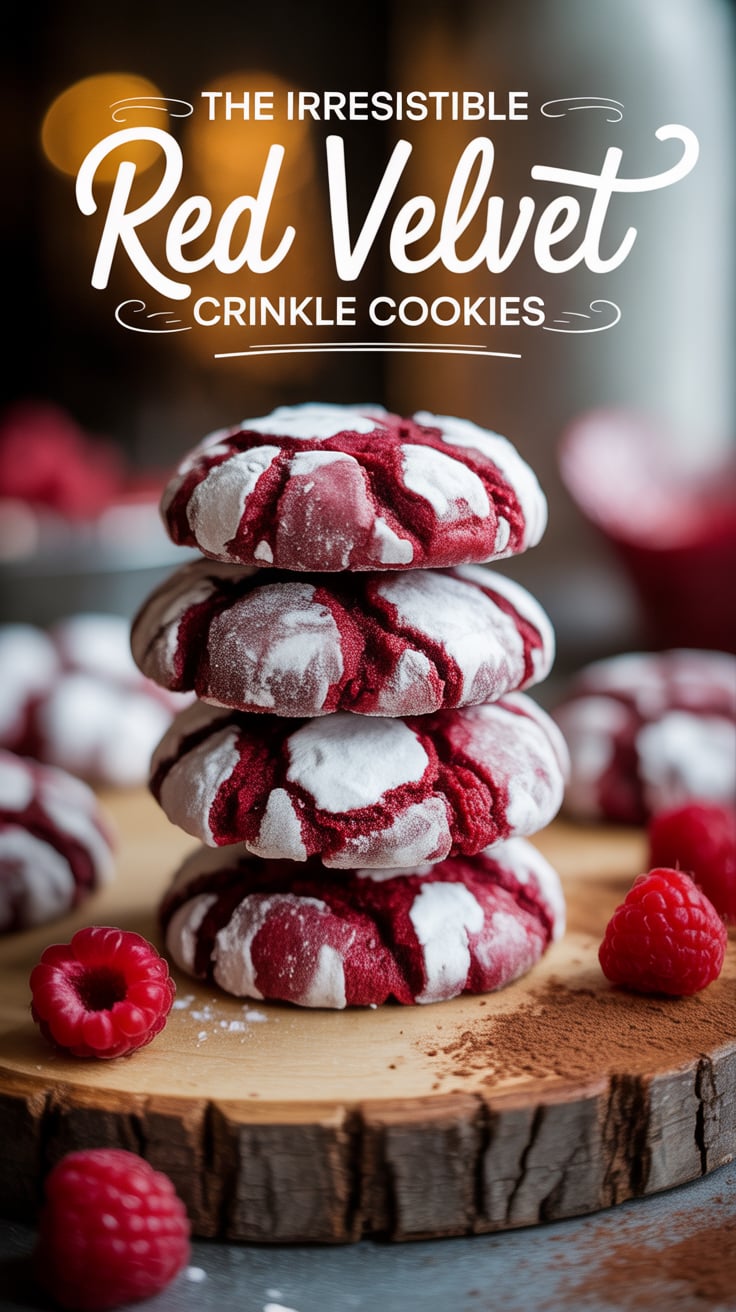 Elevate your cookie-making game with these Irresistible Red Velvet Crinkle Cookies. Their striking crimson hue and snowy powdered sugar coating make them a stunning centerpiece for any occasion, perfectly combining beauty and flavor in every bite.