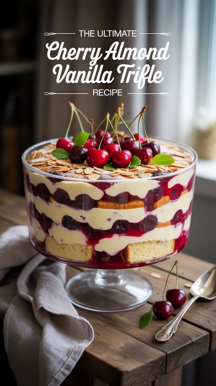 This trifle features luscious cherry compote paired with fluffy vanilla cream and a hint of almond extract, creating a luxurious dessert that evokes feelings of nostalgia and joy. The combination of flavors and textures is a delightful treat that will transport you to warmer days.