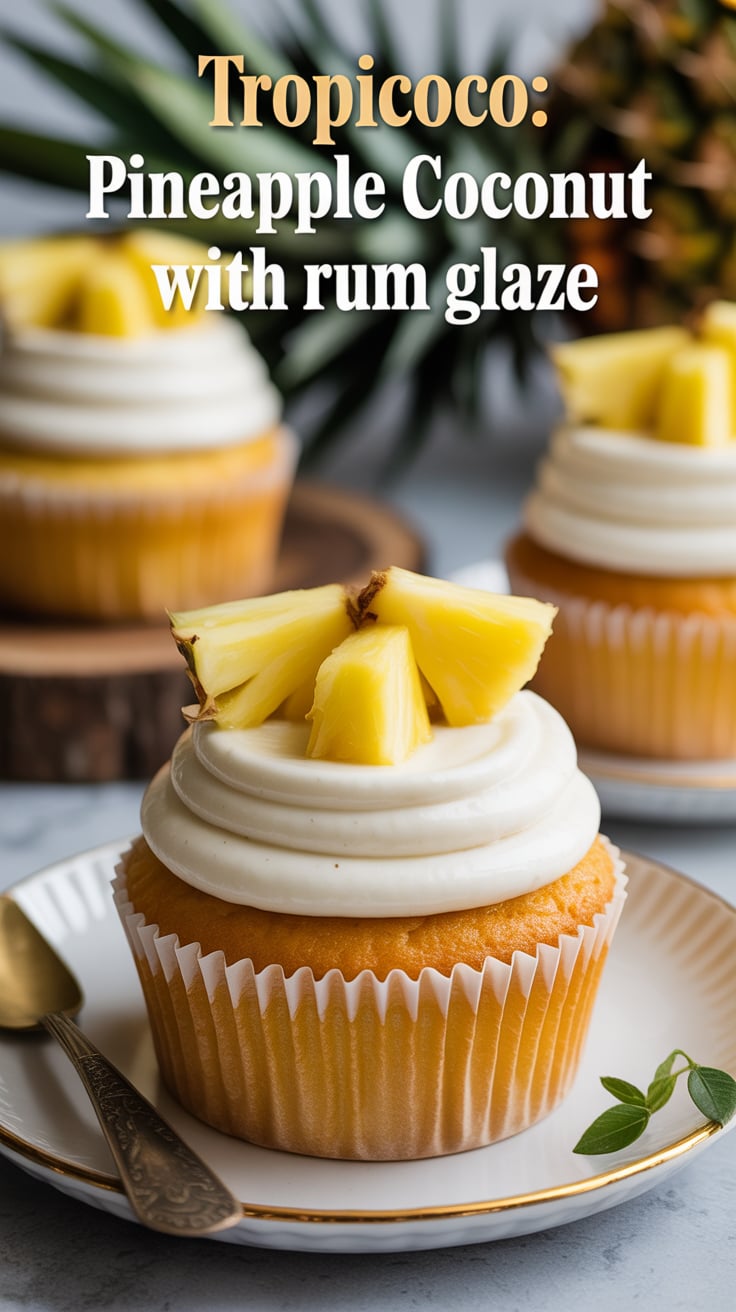 Escape to a tropical paradise with Tropicoco, featuring Pineapple Coconut Cupcakes that are a delicious ode to sun-kissed beaches and palm trees. Each cupcake is infused with fresh pineapple and shredded coconut, creating a moist and decadent treat that transports you straight to a summer getaway.