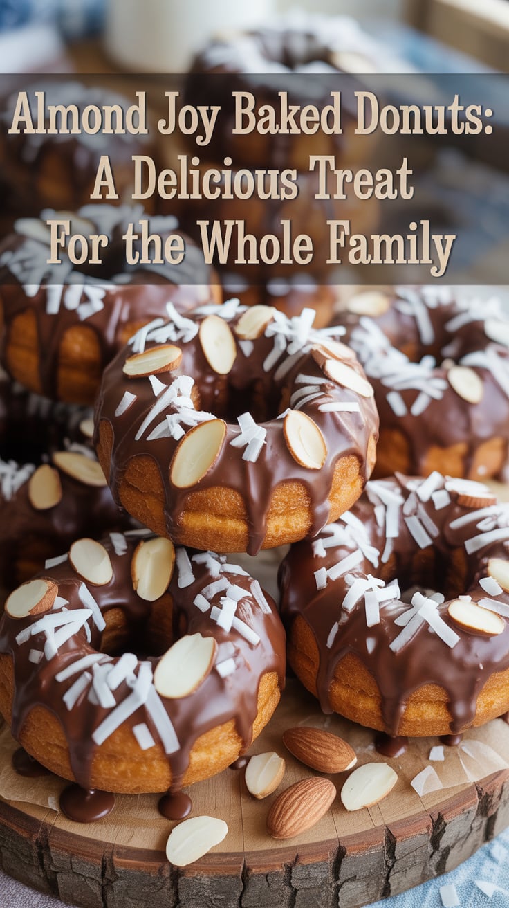 Indulge in the irresistible flavor combination of chocolate, coconut, and almond with these baked donuts inspired by the classic candy bar. Perfectly fluffy and oh-so-decadent, they bring the joy of Almond Joy right to your kitchen.