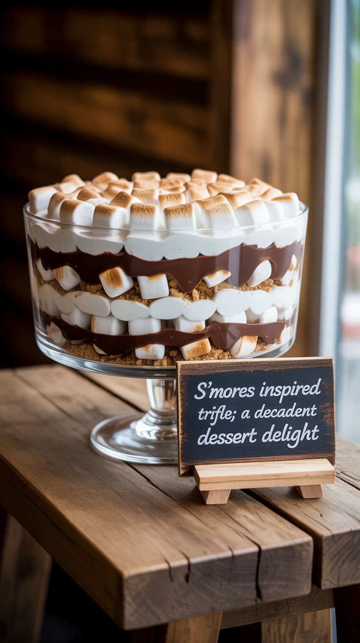 Bring the campfire experience to your table with this S’mores Inspired Trifle, where layers of chocolate, graham crackers, and toasted marshmallow fluff create a dreamy dessert. Each spoonful takes you back to summer nights filled with laughter and warmth, making it the perfect treat for any occasion.