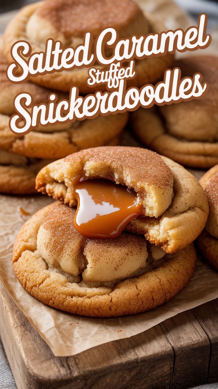 Indulge in the perfect fusion of flavors with our Salted Caramel Stuffed Snickerdoodles. These soft, cinnamon-sugar-coated cookies are hiding a luscious surprise inside, transforming the classic into an irresistible delight.