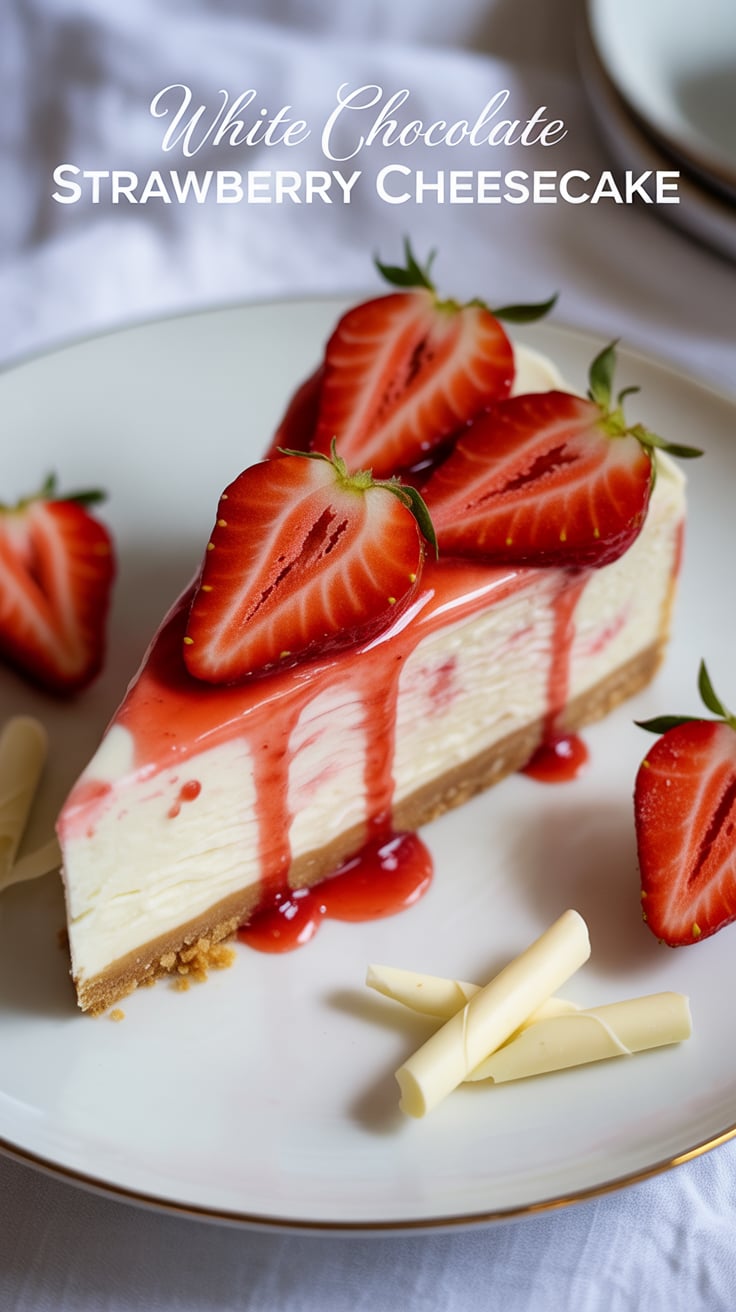 Indulge in the luxurious flavors of White Chocolate Strawberry Cheesecake, where creamy white chocolate meets the vibrant freshness of strawberries. This dessert promises to be a stunning centerpiece for any gathering, captivating both the eyes and the palate.