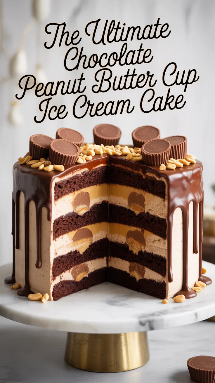 Dive into a dessert that celebrates two of the most beloved flavors: rich chocolate and creamy peanut butter. The Ultimate Chocolate Peanut Butter Cup Ice Cream Cake is a dream come true for dessert lovers, with layers of velvety ice cream, decadent cake, and crunchy peanut butter cups that make every bite a little piece of heaven.