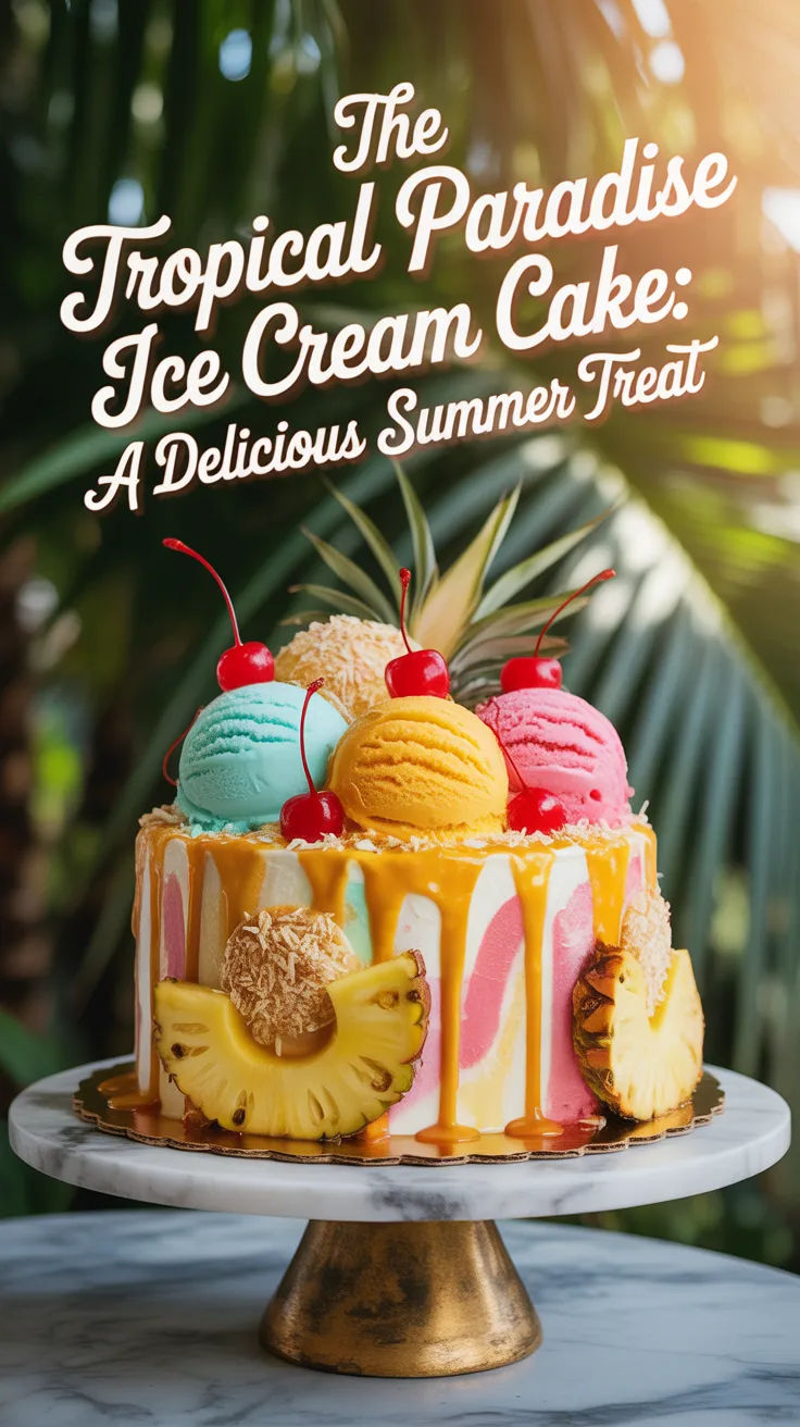 Escape to a tropical oasis with every bite of the Tropical Paradise Ice Cream Cake. This delightful dessert layers vibrant flavors like juicy pineapple, creamy coconut, and luscious mango, transporting you straight to a sun-kissed beach.