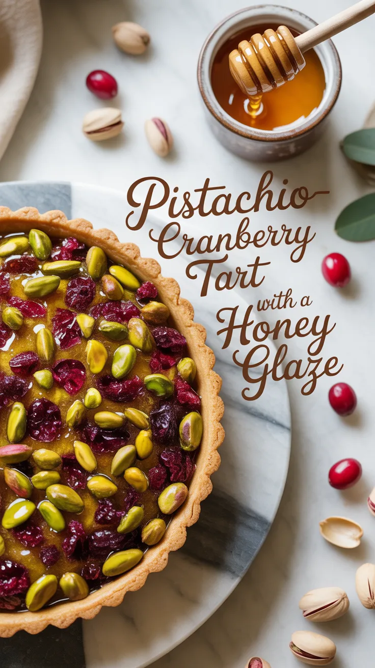 Delve into the delightful marriage of flavors with our Pistachio-Cranberry Tart topped with a luscious honey glaze. This vibrant dessert perfectly balances the nutty richness of pistachios with the tartness of cranberries, creating a harmonious treat that is as beautiful as it is delicious.