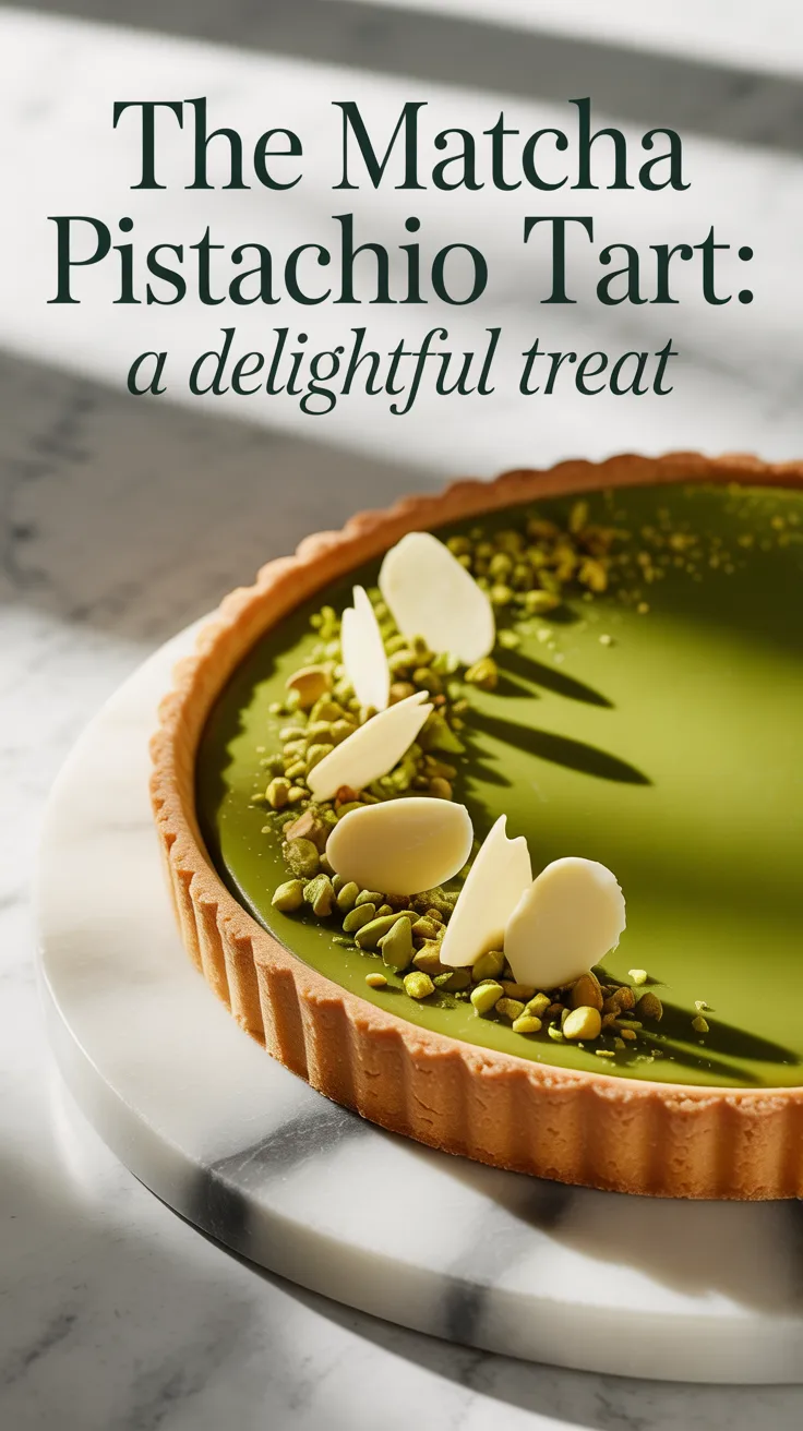 Imagine indulging in a velvety filling that balances the subtle bitterness of matcha with the creaminess of the tart crust, all enhanced by a generous sprinkle of toasted pistachios on top. Each slice offers a delightful contrast of textures and flavors that will leave your guests in awe.
