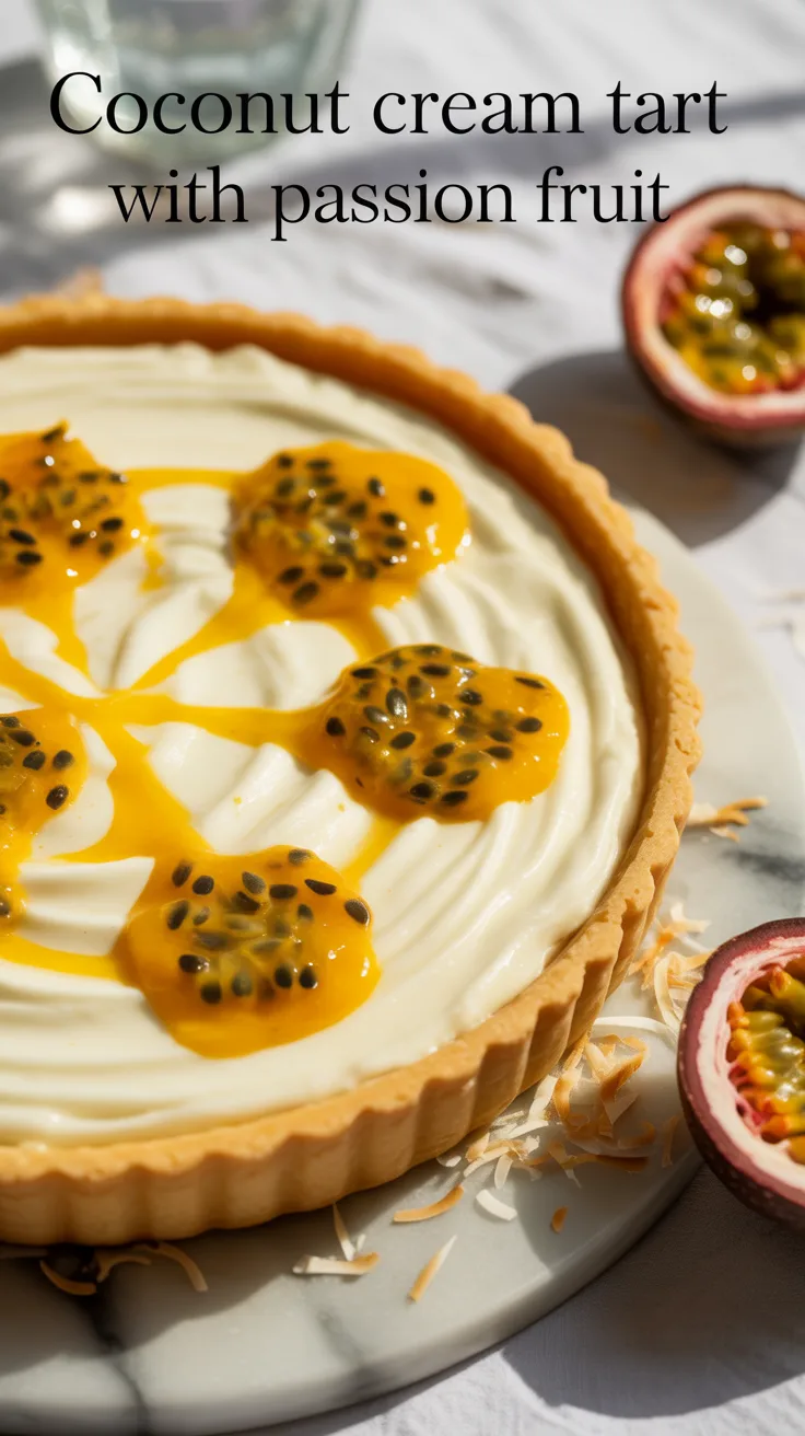 This dessert is a visual delight, featuring a crisp, buttery crust enveloped in creamy coconut goodness and artfully drizzled with passion fruit glaze. Perfect for impressing guests or treating yourself, it brings a touch of elegance to any occasion.