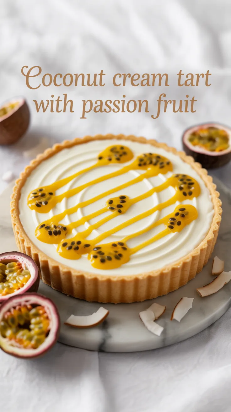 Experience a tropical getaway with every slice of this Coconut Cream Tart topped with vibrant passion fruit. The luscious coconut filling paired with the tangy brightness of fresh passion fruit creates a flavor explosion that transports you straight to paradise.