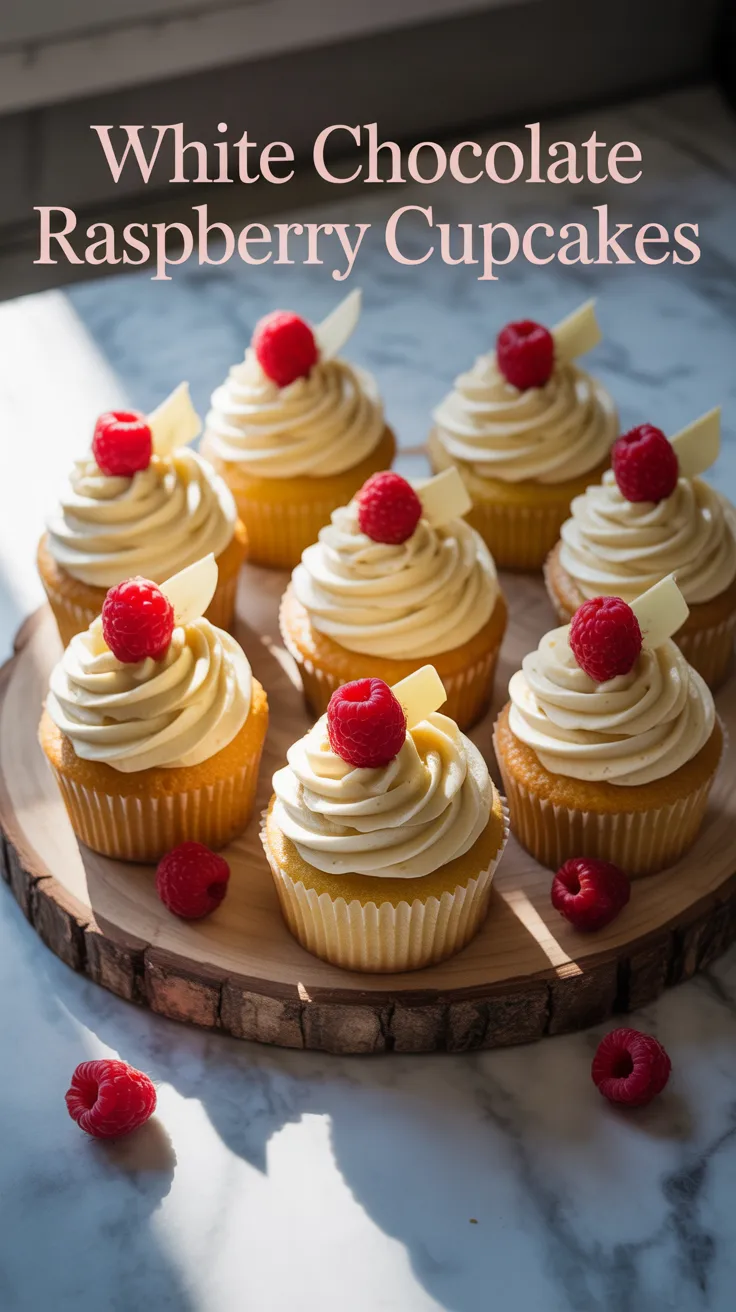 Experience the joy of baking these stunning cupcakes that are as visually appealing as they are delicious. Topped with velvety white chocolate frosting and garnished with fresh raspberries, they make a delightful centerpiece for any celebration, from birthdays to holiday gatherings.