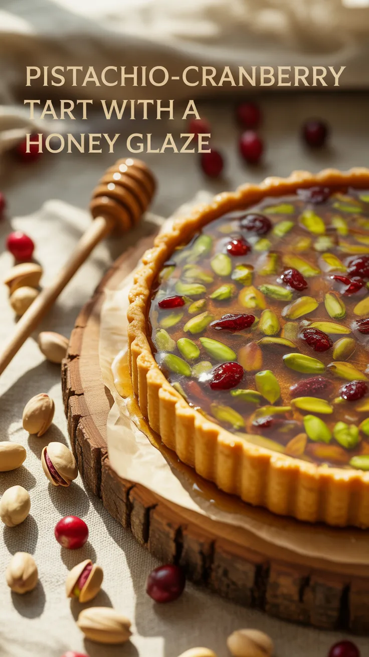 Imagine slicing into a crisp tart shell that reveals a colorful filling, where crunchy pistachios and tangy cranberries come together under a shimmering honey glaze. This eye-catching dessert not only tastes amazing but also serves as the perfect centerpiece for your festive gatherings.
