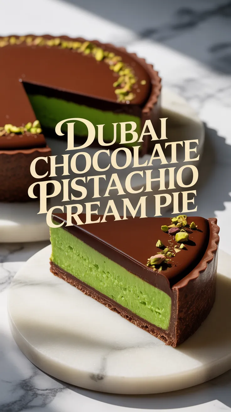 Indulge in a dessert that embodies elegance and richness. This chocolate pistachio cream pie features a velvety filling encased in a buttery crust, making it the perfect centerpiece for any special occasion or evening treat.