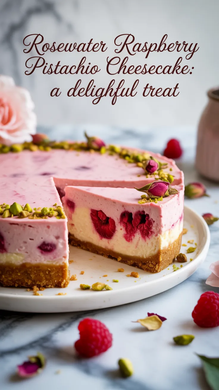 Immerse yourself in the exotic flavors of a rosewater raspberry pistachio cheesecake that beautifully combines floral notes with tart berries and crunchy nuts. This stunning dessert is a feast for the senses, promising a delightful experience with every bite.