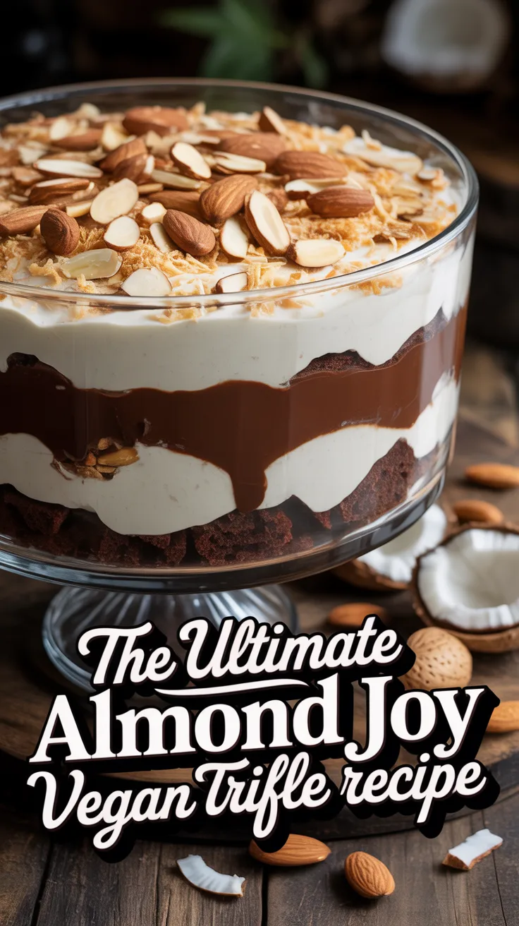 Experience the rich blend of flavors in our Ultimate Almond Joy Vegan Trifle, where layers of creamy coconut, crunchy almonds, and decadent chocolate come together for a show-stopping dessert. This trifle is not only visually stunning but also packed with all the delightful tastes you love from the classic candy bar.