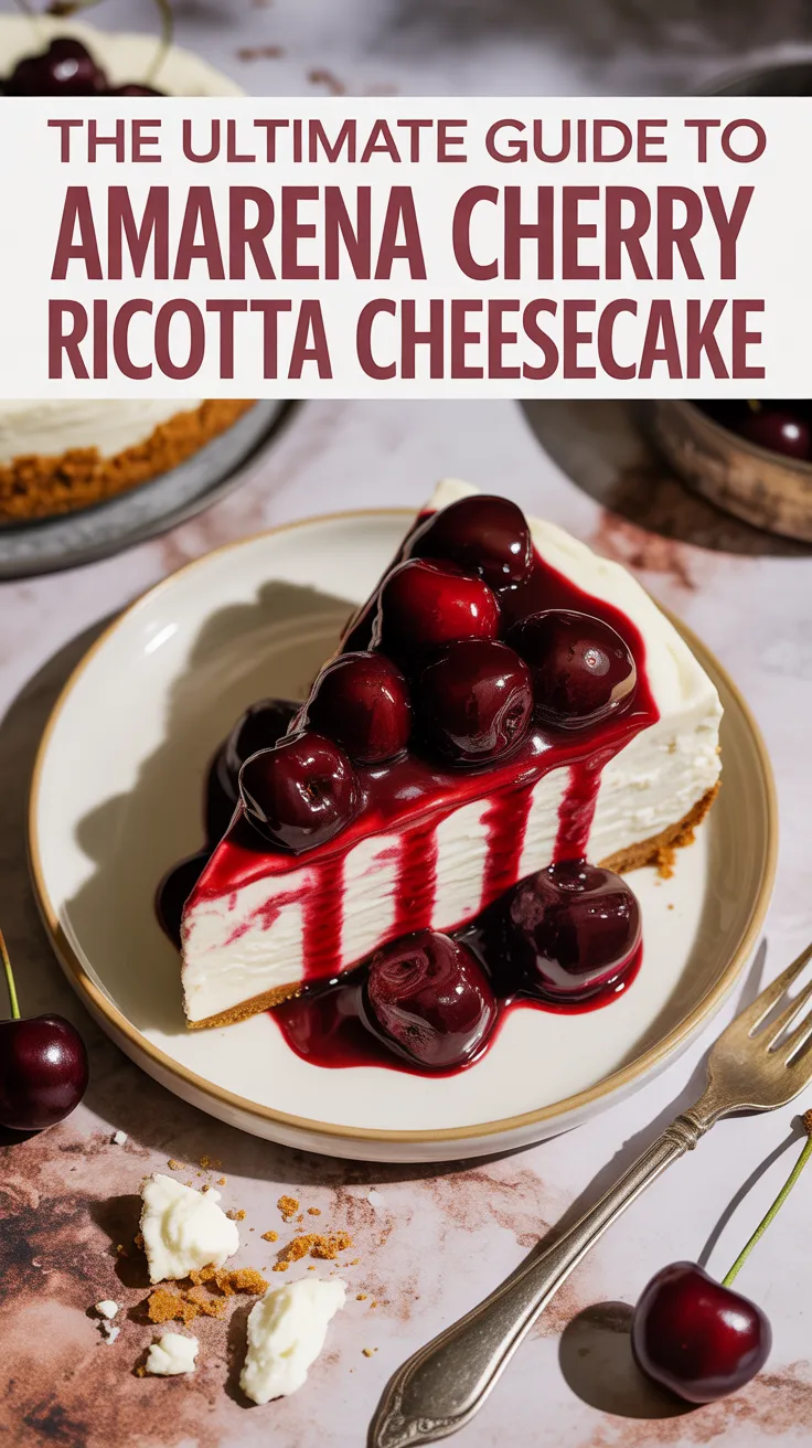Imagine delighting in a silken cheesecake enriched with the unique texture of ricotta, crowned with luscious amarena cherries that add a beautiful pop of color and flavor. Each bite offers a delightful contrast, making it an unforgettable treat for any occasion.