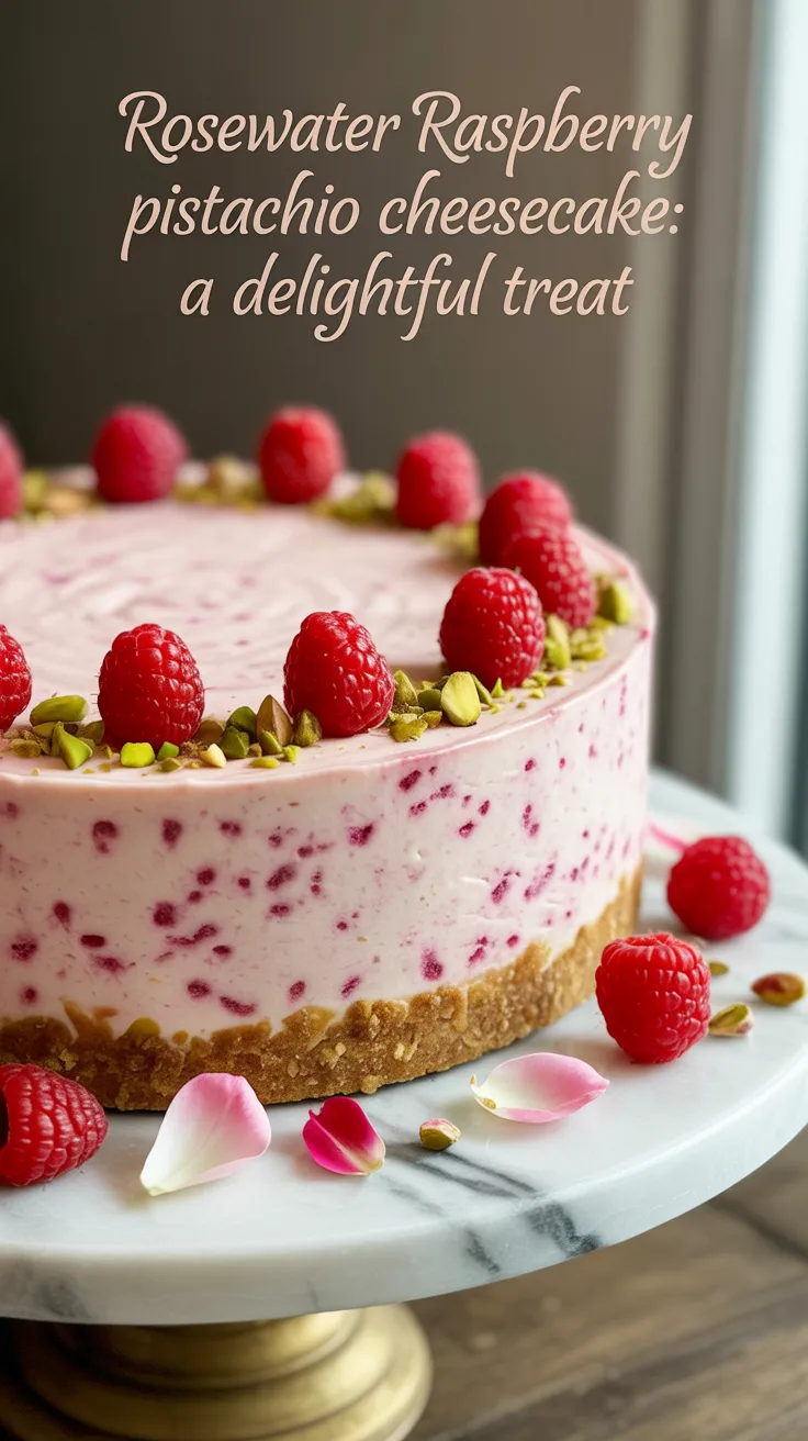 Imagine indulging in a silky cheesecake layer infused with aromatic rosewater, perfectly balanced by the vibrant tang of raspberries. The addition of pistachios not only adds a pop of color but also a satisfying crunch that enhances the overall texture.