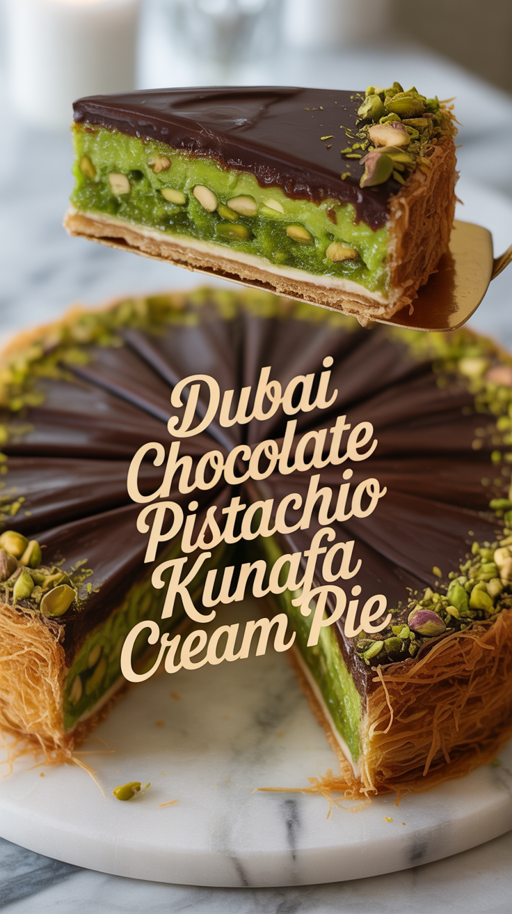 Indulge in a unique twist on a beloved classic with this Dubai Chocolate Pistachio Kunafa Cream Pie. Layers of buttery, crunchy kunafa redolent of Middle Eastern flavors provide the perfect base for a rich chocolate filling. Imagine how the smooth, velvety chocolate harmonizes with the nutty crunch of pistachios, creating a dessert that's both exotic and comforting.
