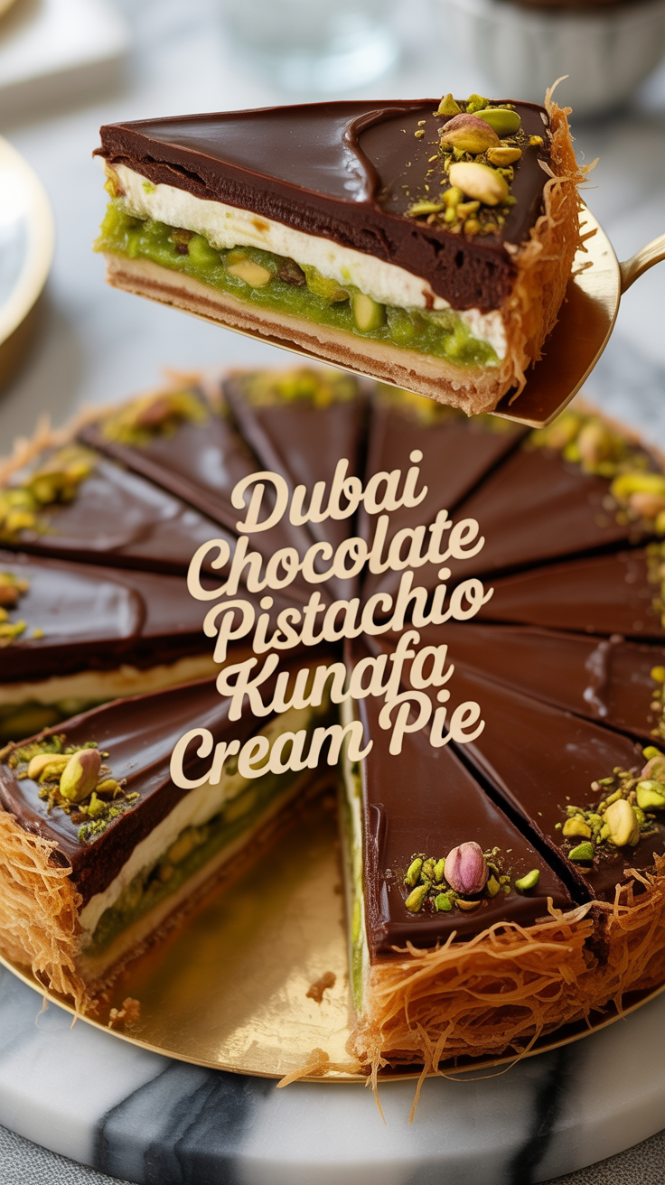Dive into a world of rich flavors and textures with the Dubai Chocolate Pistachio Kunafa Cream Pie, where tradition meets innovation. Picture a golden layer of crispy kunafa, perfectly complemented by a luscious chocolate cream that melts in your mouth. Topped with a sprinkle of vibrant green pistachios, this dessert is a feast for both the eyes and the palate.