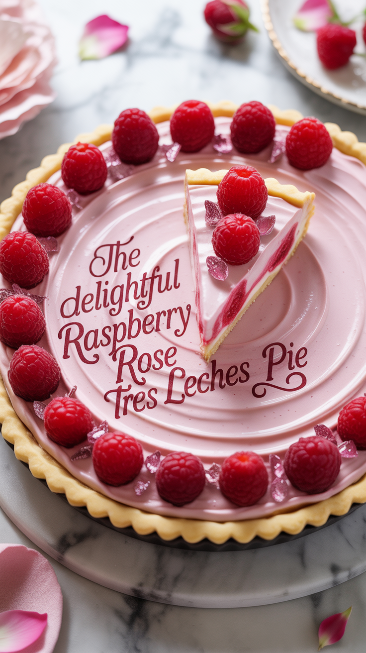 Embrace your creativity by garnishing this pie with fresh raspberries and delicate rose petals for an elegant finish. The Delightful Raspberry Rose Tres Leches Pie promises to be a delightful addition to your dessert repertoire, sure to become a cherished favorite.