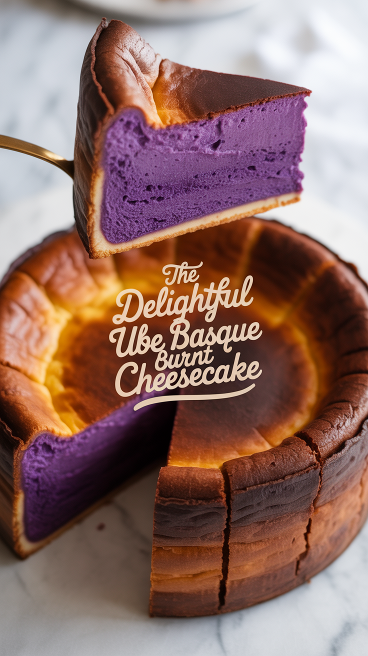 Experience a delightful twist on the classic burnt cheesecake with the addition of vibrant ube. This stunning dessert combines a creamy texture with a beautifully caramelized top, creating a visual feast that promises to tantalize your taste buds.